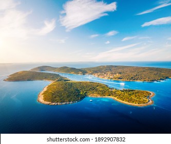 Incredible View Of Ilovik Island From Losinj Island. Location Kvarner Gulf, Croatia, Europe. Aerial Photography, Drone Shot. Photo Wallpaper. Luxury Vacation Concept. Discover The Beauty Of Earth.