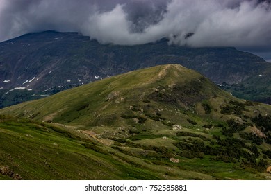 Incredible View Of Old Fall River Road Winding Down Into The Valley With Marmot Point (left) And Mount Chapin (right) In The Background, Rocky Mountain National Park, Estes Park, Colorado