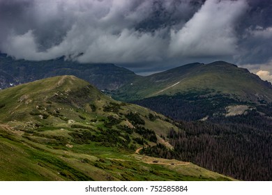 Incredible View Of Old Fall River Road Winding Down Into The Valley With Marmot Point (left) And Mount Chapin (right) In The Background, Rocky Mountain National Park, Estes Park, Colorado