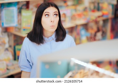 Indecisive Shop Customer Thinking Which Product To Choose. Consumer Thinking Before Buying Something In A Supermarket Having Choice Overload Cognitive Impairment 
