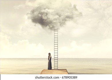 Indecisive woman does not know if she climbs up a staircase from the sky to reach the clouds