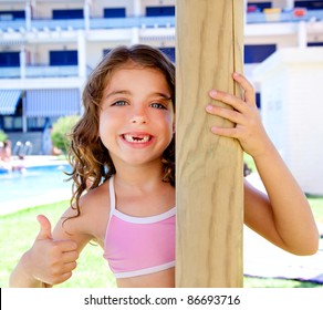 Indented Kid Girl Ok Gesture In Pool Garden Holding Sunroof Pole