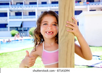 Indented Kid Girl Ok Gesture In Pool Garden Holding Sunroof Pole