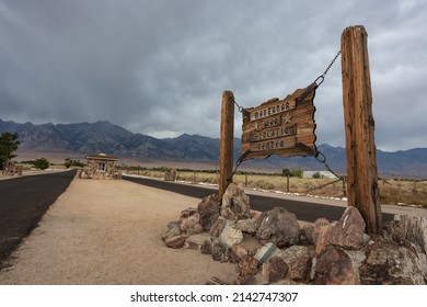 Independence, California - August 21, 2020: The entrance sign at Manzanar National Historic Site, the Japanese Internment Camp from World War II.