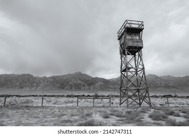 Independence, California - August 21, 2020: The guard tower at Manzanar National Historic Site, the Japanese Internment Camp from World War II. Black and white.