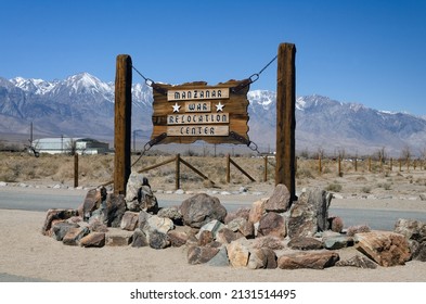 Independence, California, United States – March 12 2013: Wooden sign near the entrance of Manzanar National Historic Site, a World War 2 internment camp, in California's Owens Valley.