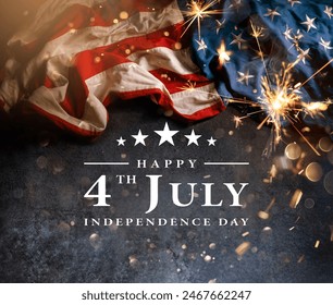 Independence Day Card - Usa Flag With Sparkler On Black Stone And Abstract Bokeh - 4th July Text