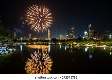 Independence Day Fireworks In Austin, Texas, USA At Auditorium Shores.