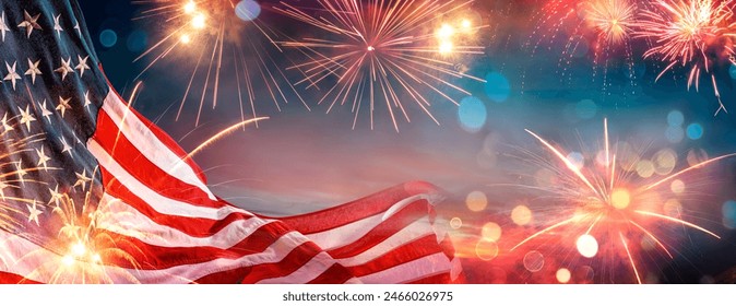 Independence Day - Usa Flag And Fireworks At Night - Abstract Bokeh Light Effects  - Powered by Shutterstock
