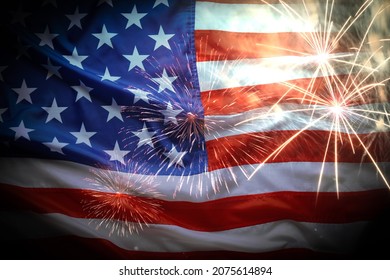 Independence Day Of USA. National American Flag And Fireworks