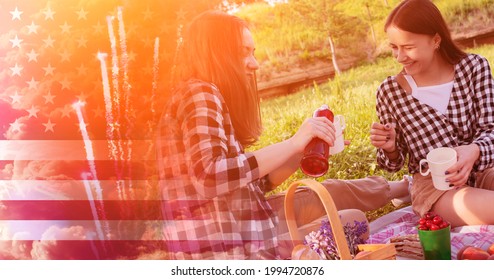 Independence Day Usa Party Background,banner Of American Flag, Girls At A Picnic Barbecue In The Park Celebrate Fourth July, Sparklers And Fireworks