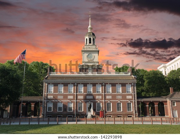 Independence Hall National Historic Park\
Philadelphia Pennsylvania with sunset\
sky.
