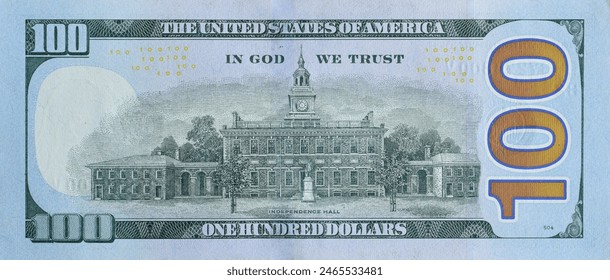 Independence Hall on 100 dollars banknote back side closeup macro fragment. United states hundred dollars money bill close up - Powered by Shutterstock