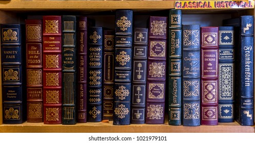 Independence, Oregon/U.S.A. January 13, 2018:  Shelves Of Leather-bond Classic Literature In A Used Book Store.  