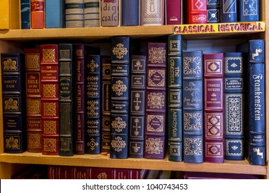 Independence, Oregon/U.S.A. January 13, 2018:  Shelves of leather-bond classic literature in a used book store