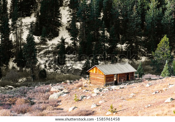 Independence Pass mining townsite building log\
cabin in White River National Forest in Colorado with green pine\
trees and snow mountain in\
autumn