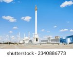 Independence Square in Astana on a sunny summer day. Kazakh Eli Monument, Hazrat Sultan Mosque. 