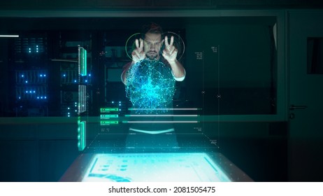 Independent Scientist and Artificial Intelligence Developer Working with Futuristic Holographic Neural Network Interface. Virtual Augmented Reality of Digital Brain. Datacenter Research Facility.