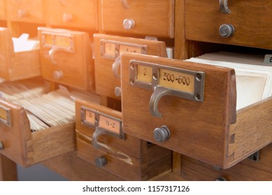 Index cabinets in a library made of wood.
