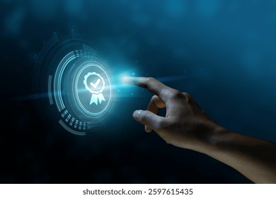 Index finger about to press the certificate, guarantee button, certificate, guarantee icon, display screen, touch screen, Composite between an image and a 3D background, 3D background, virtual screen.