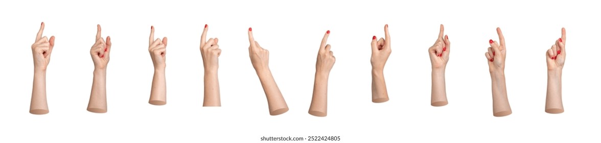 Index finger, forefinger pointing up, hand gesture, pointer for indicating, showing, advertising. Isolated on white background, set.