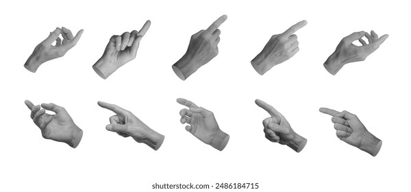 Index finger pointer pointing, indicating, showing from different angles, set, hand sign isolated on white background.