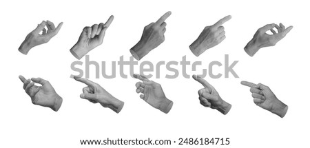 Index finger pointer pointing, indicating, showing from different angles, set, hand sign isolated on white background.