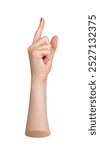 Index finger pointing up, indicating, showing. Pointer with red nails, forefinger advertising, sign, hand gesture isolated on white background