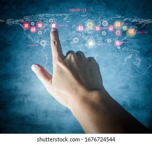 Index finger pushing button on a touch screen , Stop the virus Covid-19 - Shutterstock ID 1676724544