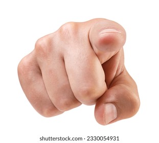 The index finger shows straight, a man's hand close-up on a white background. Isolated - Powered by Shutterstock