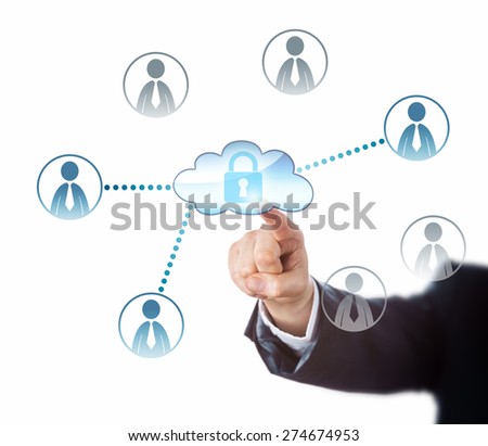Index finger touching a locked cloud icon that does link to three office worker symbols in blue. Four unlinked knowledge worker buttons remain gray. Business and technology metaphor. Cutout on white.