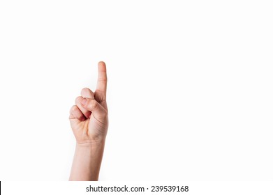 Index finger touching screen isolated on white background.