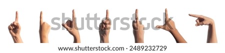 Index fingers pointing, pointers indicating, showing, advertising gestures set, kids hands, isolated on white background..