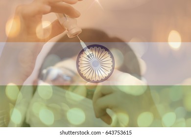 INDIA And Cancer Vaccine, Young Chemical Female Researcher Holding Syringe And Ampoule With Fluid In Laboratory. India Flag With Female Doctor Health Expenditure