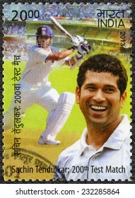 INDIA - CIRCA 2013: A Stamp Printed In India Shows Sachin Tendulkar, Cricketer Player, Dedicated 200th Test Match, Circa 2013