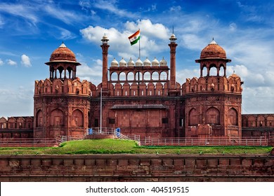 India famous travel tourist landmark and symbol - Red Fort (Lal Qila) Delhi with Indian flag - World Heritage Site. Delhi, India