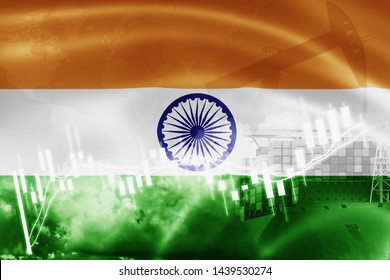 India Flag, Stock Market, Exchange Economy And Trade, Oil Production, Container Ship In Export And Import Business And Logistics.