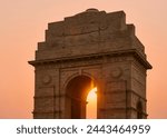 India Gate landmark at glorious sunset, war memorial in New Delhi near Kartavya path, All India War Memorial to indian army soldiers who died in First World War, landmark made from red sandstone