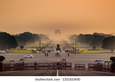 India Gate, New Delhi, October-2018:  Silhouette of triumphal arch architectural style war memorial during hazy morning. Pollution level rises and causes smog in autumn season due stagnant winds. - Powered by Shutterstock