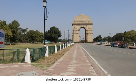 India Gate, Rajpath , New Delhi/India- OCTOBER 02 2020: Due To Covid 19 No Visitor. No Traffic. Silent Road.