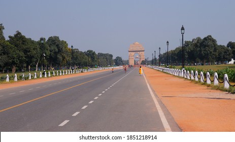 India Gate, Rajpath , New Delhi/India- OCTOBER 02 2020: Due To Covid 19 No Visitor. No Traffic. Silent Road.