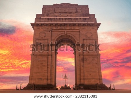 India Gate in sunset lights, famous landmark of New Delhi, no people