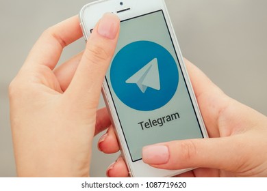 India, Goa, March 2018: Telegram Logo On The Smartphone Screen In The Hands Of A Girl