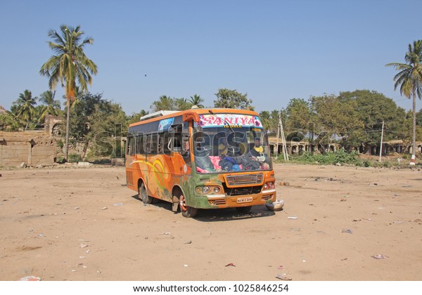 India, Hampi, 02 February 2018. A school Indian\
bus is on the bus\
station.