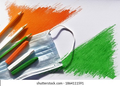 India independence day concept with color pencil, face mask, oil pastel hand paint flag - Powered by Shutterstock