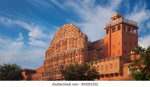 India, Jaipur - Palace of Winds. The palace constructed of red and pink sandstone