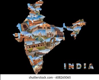 India map collage of historical monuments and tourist places.