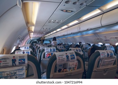 India, March 15, 2018:  View Of Airplane Interior Of Go Air Indian Domestic Airways In Flight With Passengers From Delhi To Kolkata