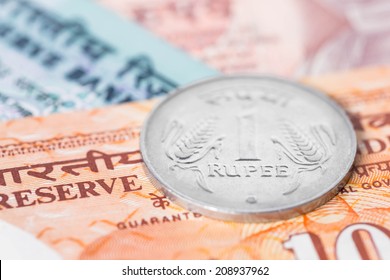 India Money Banknote Focus On Coin Rupee