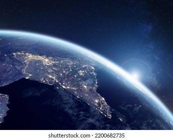 India at night viewed from space with city lights showing activity in Indian cities, Delhi, Mumbai, Bengalore. 3d render of planet Earth. Elements from NASA. Technology, global communication, world. - Shutterstock ID 2200682735